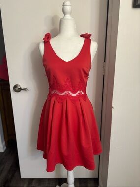 Sequin Hearts Red Sleeveless Lace-Waist Skater Dress